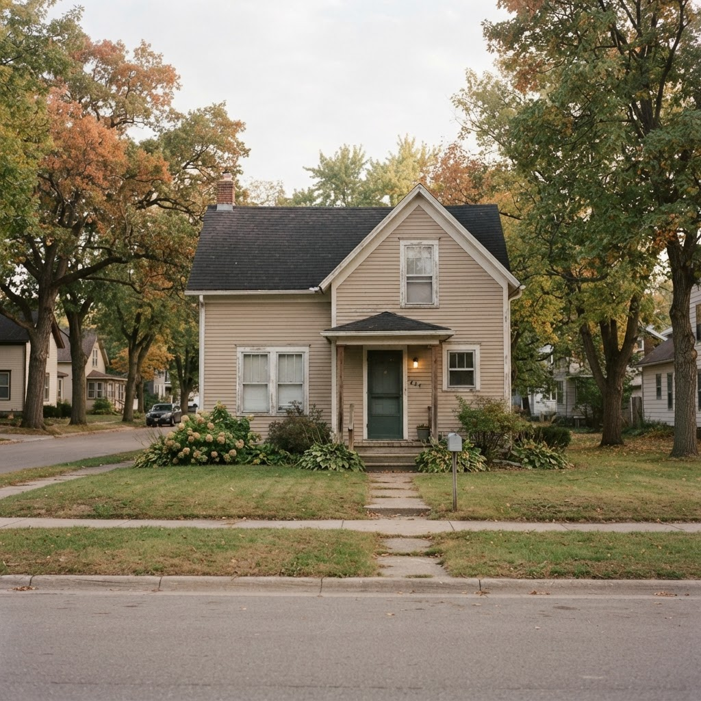 The exterior of a modest older home awaiting an estate cleanout in soft morning light.