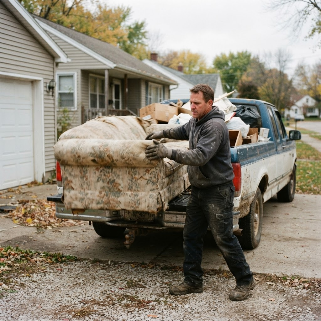 A RESET worker loading an old couch and debris into a work truck in a driveway.