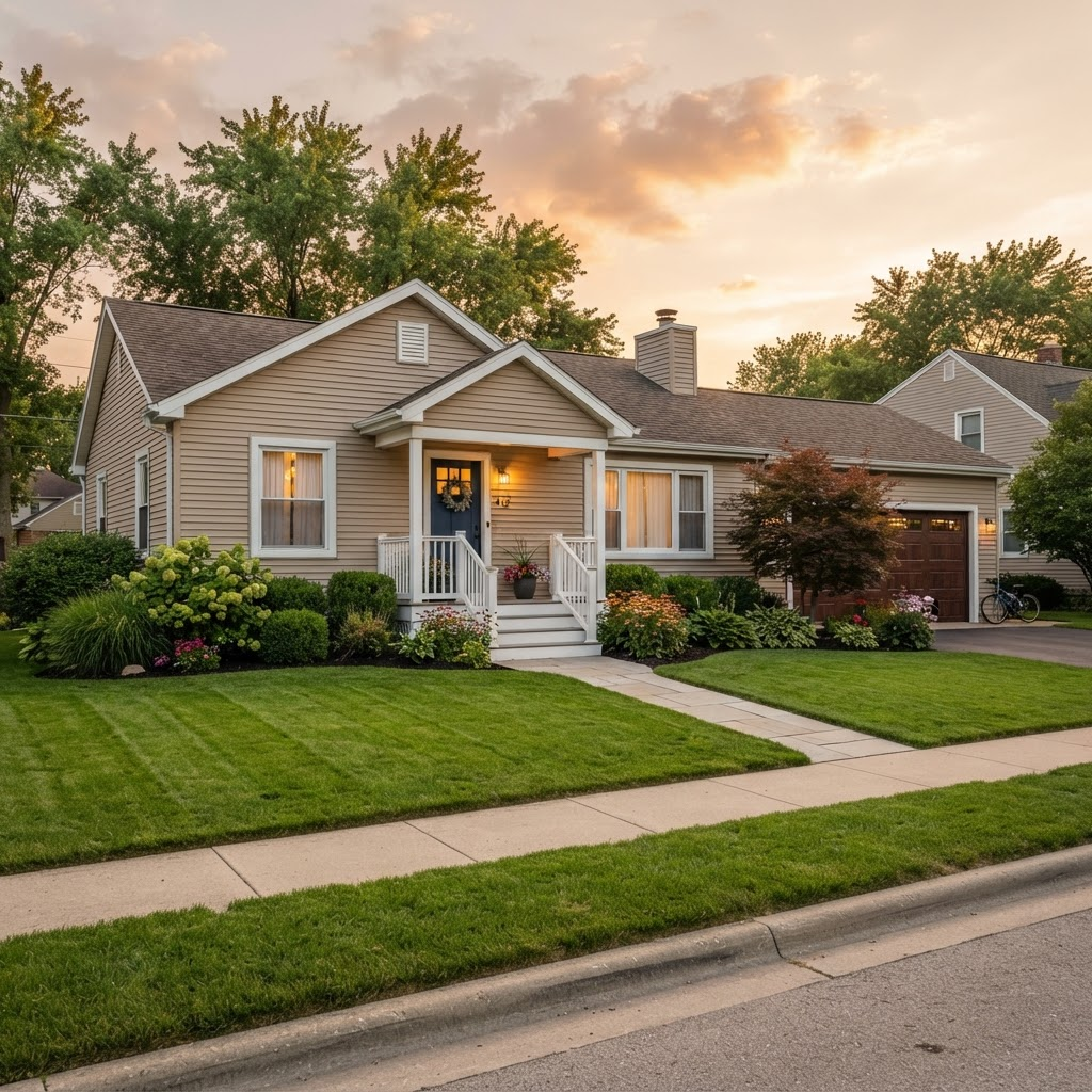 A well-kept home exterior with a freshly mowed lawn and tidy landscaping at golden hour.