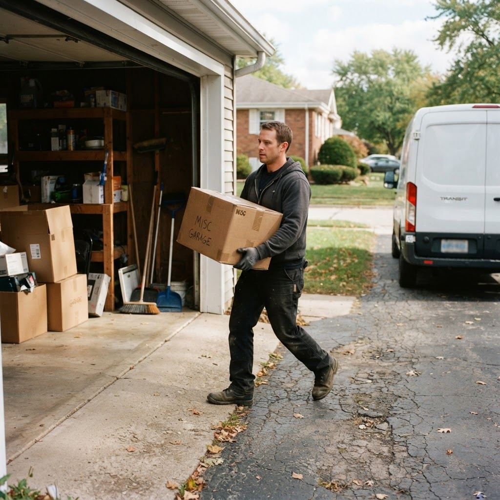 A RESET crew member carrying a box out of a garage during a property cleanout.