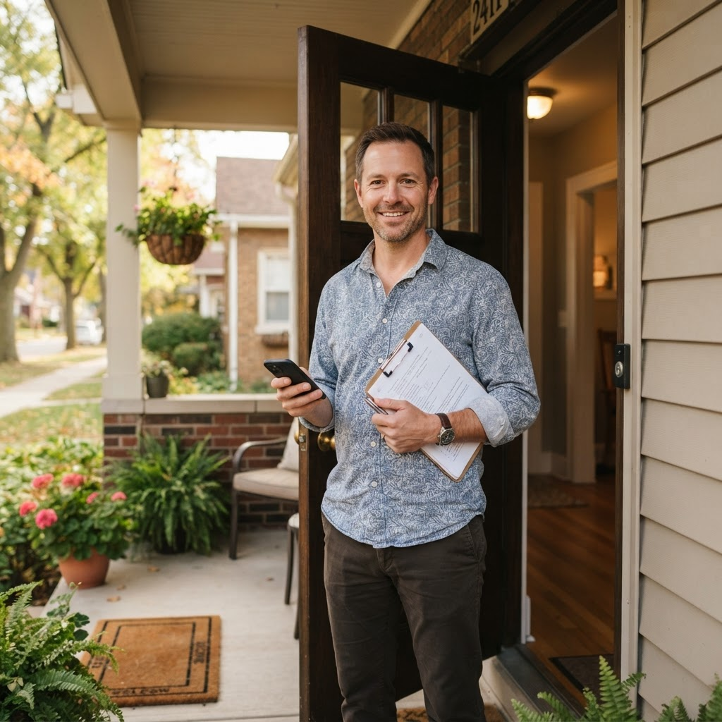 A friendly property manager in the doorway of a rental home with a phone and clipboard.
